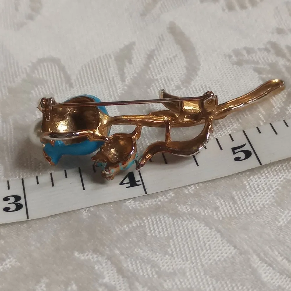 Enameled Teal Vintage Tulip Flower Brooch, Rhinestones faux pearl pot metal 2.5